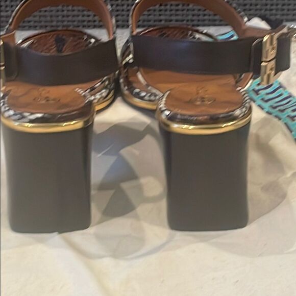 Tory Burch Brown and Black Snakeskin Chunky Heeled Sandals - Picture 4 of 8